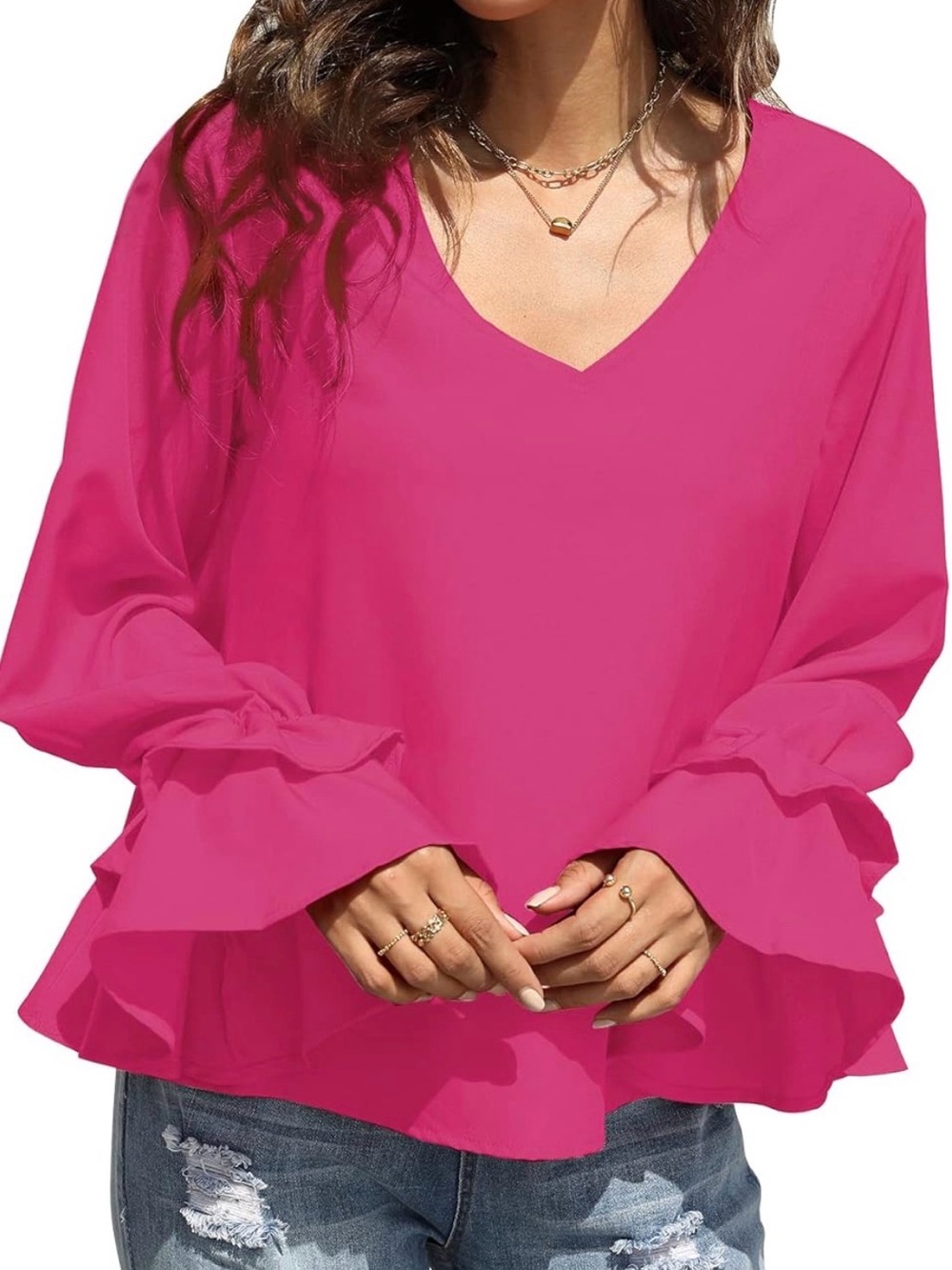 Women’s V-Neck Ruffle Sleeve Blouse - Fuchsia